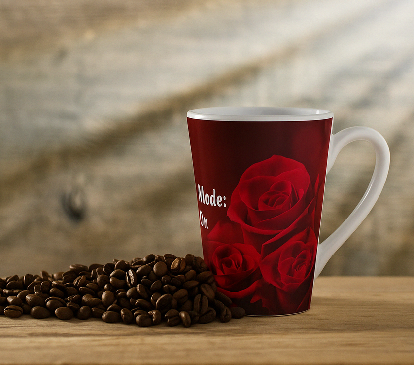 Steaming cup of coffee in rose overed mug with message "Mama Bear Mode - Aways On"