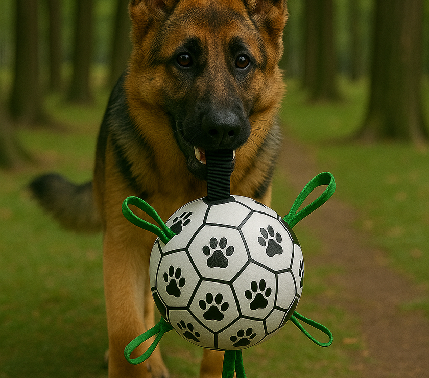 Dog laying wih Interactive Soccer Ball Dog Toy