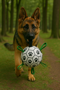 Dog laying wih Interactive Soccer Ball Dog Toy