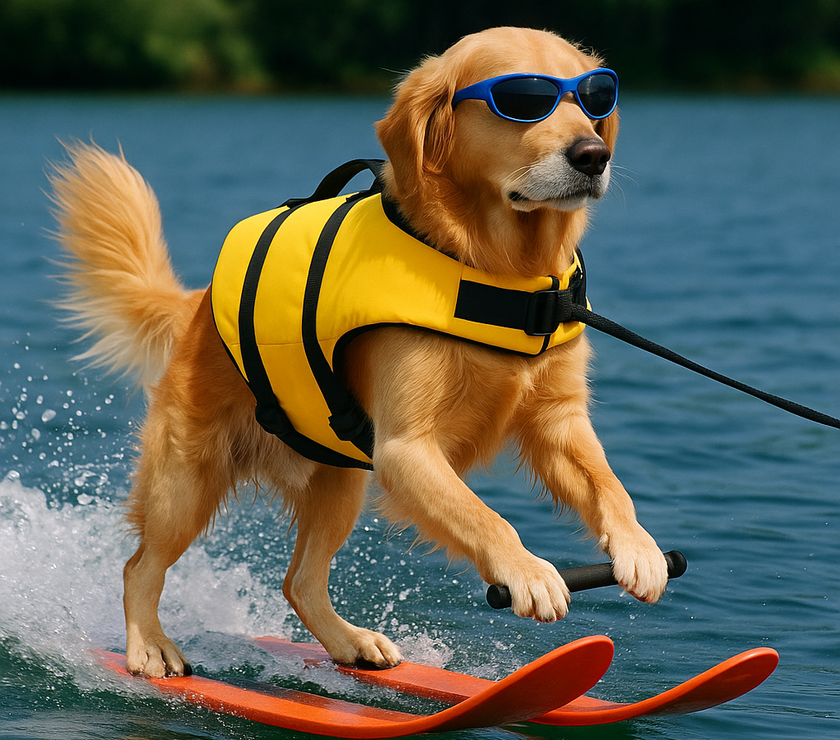 dog wearing ellow life vest and sunglasses on water skis