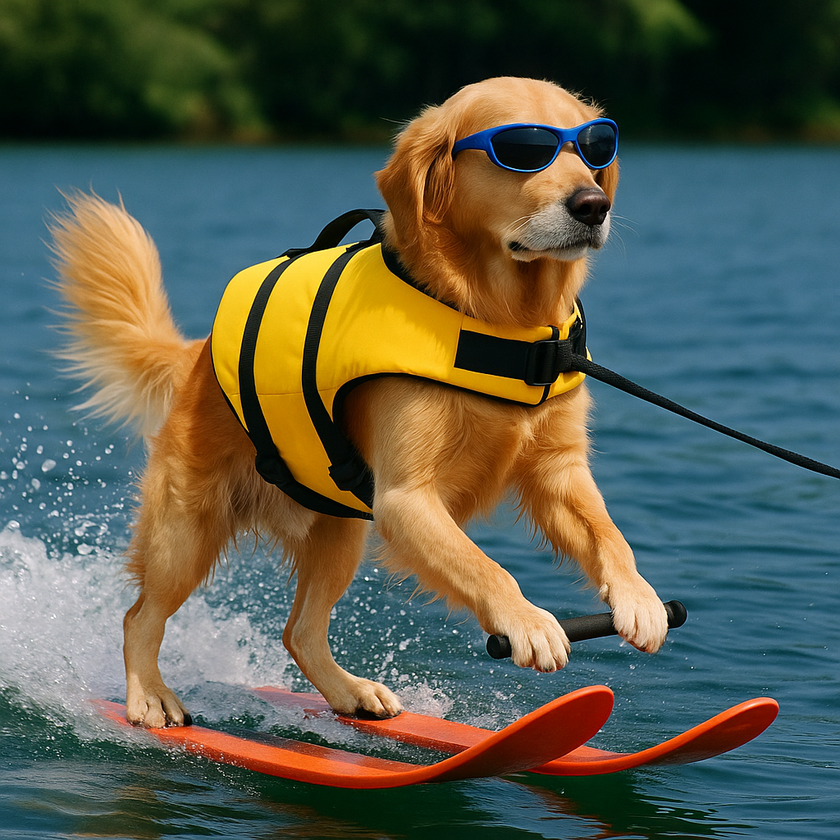dog wearing ellow life vest and sunglasses on water skis