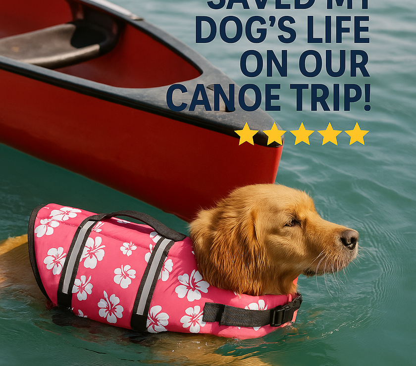 dog wearing red flral print life vest swimming next to a canoe