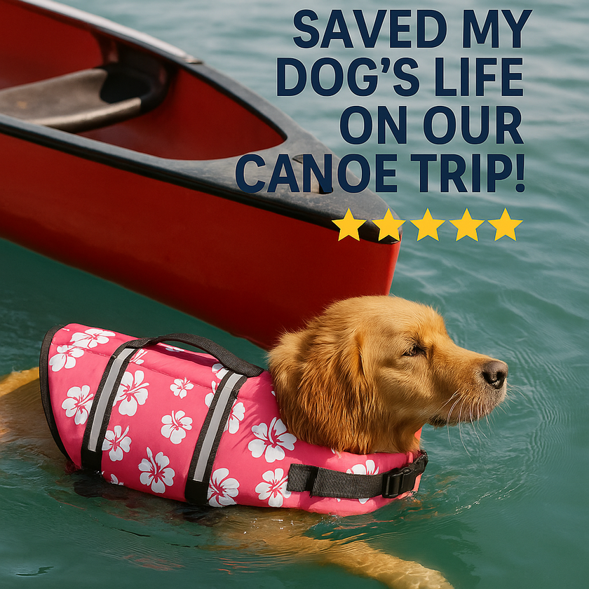 dog wearing red flral print life vest swimming next to a canoe