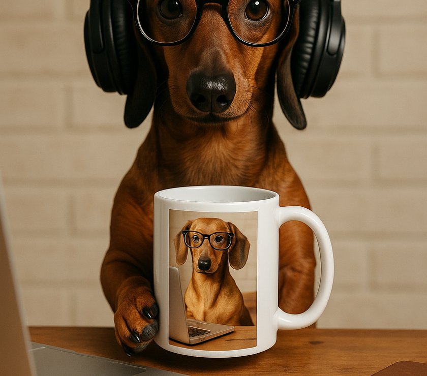 Dog sitting at desk holding a coffee mug with picture of dog  drinking coffee from mug.  Message on mug is "I work hard so my dog can have a better life"