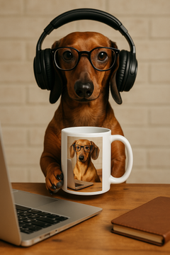 Dog sitting at desk holding a coffee mug with picture of dog  drinking coffee from mug.  Message on mug is "I work hard so my dog can have a better life"