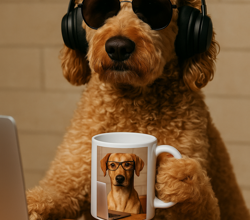 Dog sitting at desk holding a coffee mug with picture of dog  drinking coffee from mug.  Message on mug is "I work hard so my dog can have a better life"