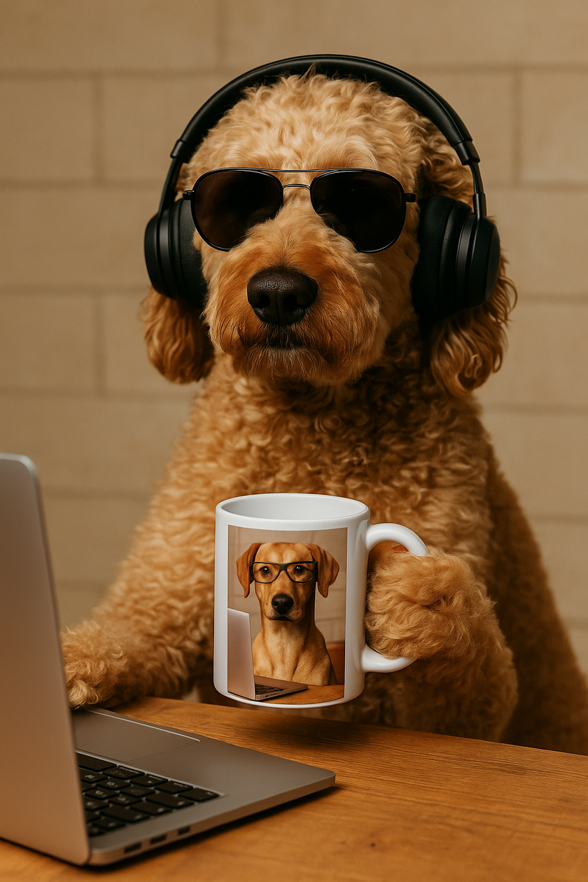 Dog sitting at desk holding a coffee mug with picture of dog  drinking coffee from mug.  Message on mug is "I work hard so my dog can have a better life"