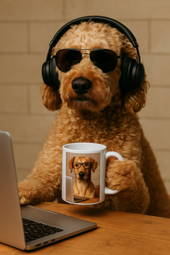 Dog sitting at desk holding a coffee mug with picture of dog  drinking coffee from mug.  Message on mug is "I work hard so my dog can have a better life"