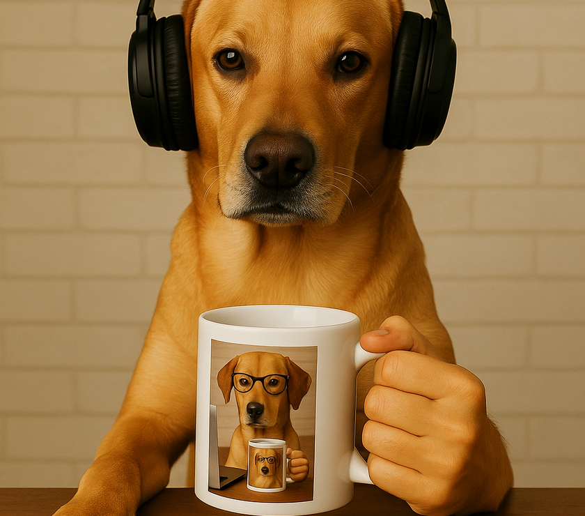 Dog sitting at desk holding a coffee mug with picture of dog  drinking coffee from mug.  Message on mug is "I work hard so my dog can have a better life"