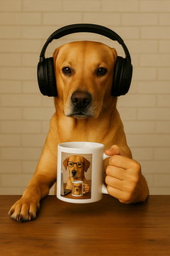 Dog sitting at desk holding a coffee mug with picture of dog  drinking coffee from mug.  Message on mug is "I work hard so my dog can have a better life"