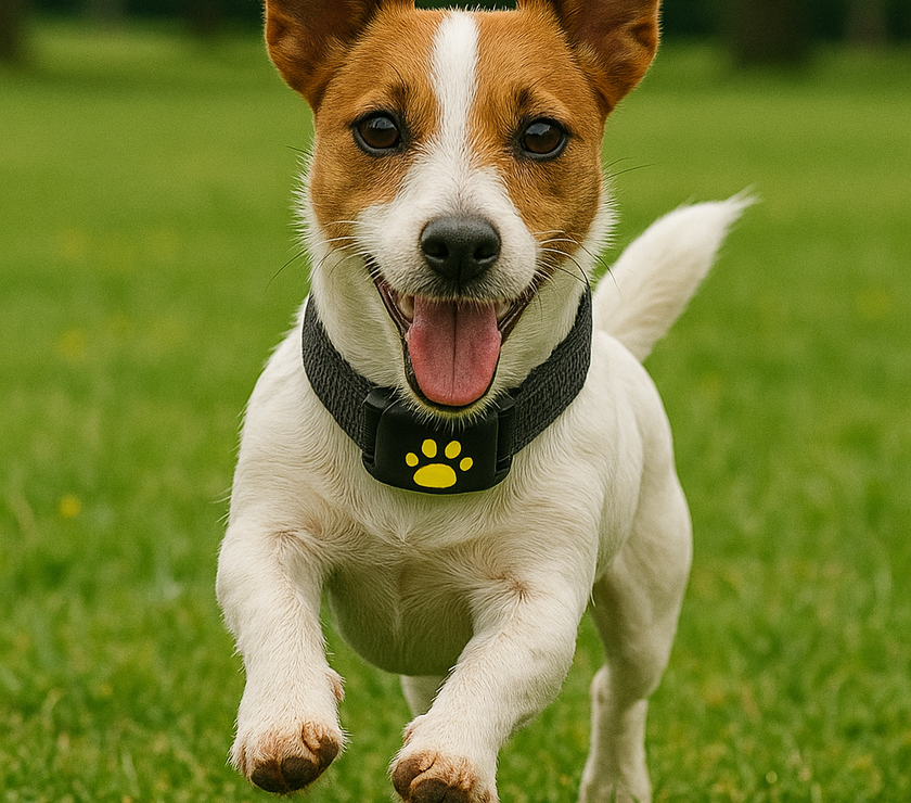 Small dog running in grass wearing a GPS collar