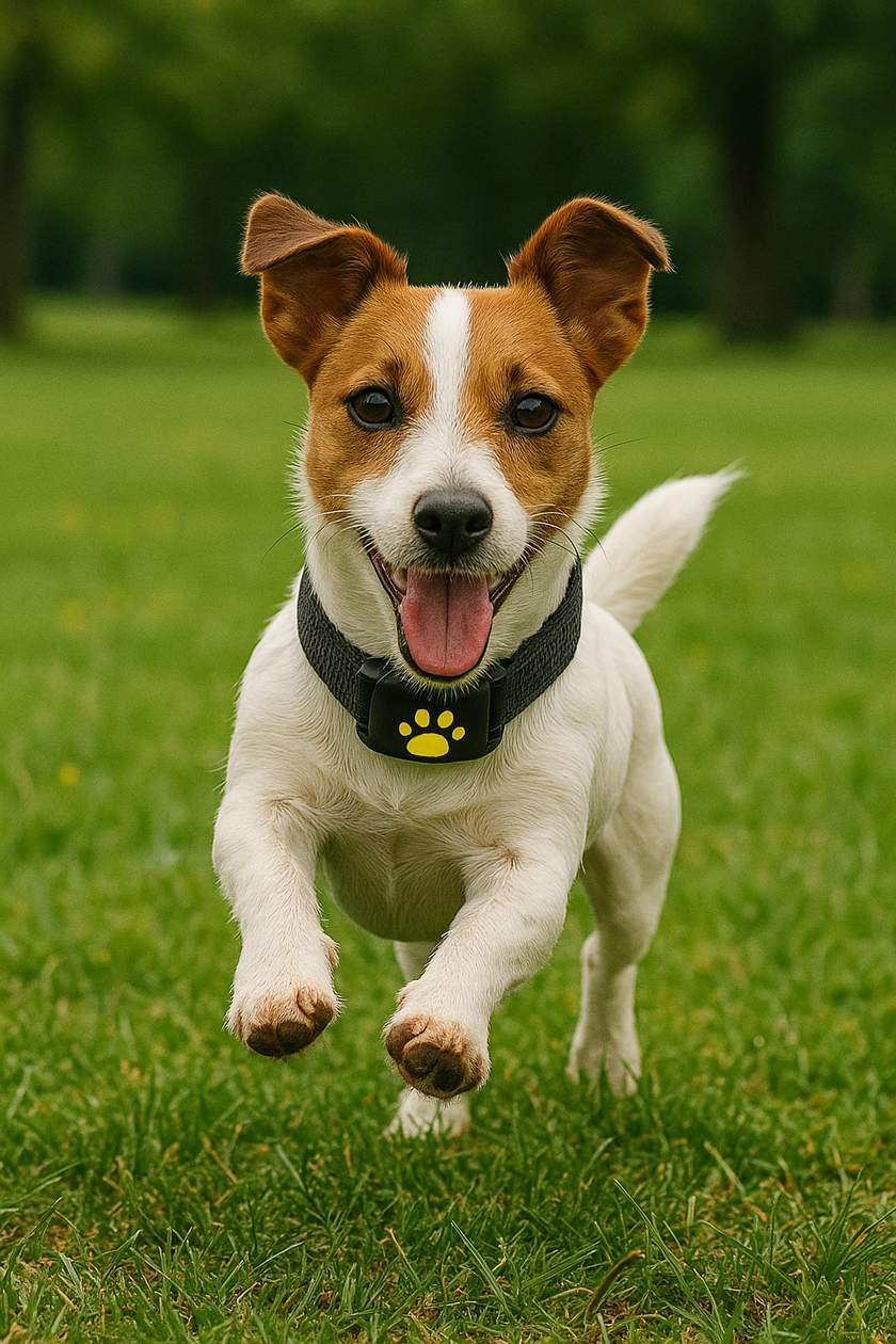 Small dog running in grass wearing a GPS collar
