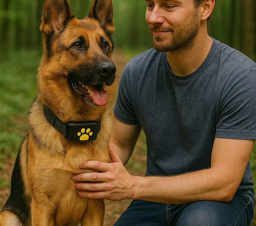 Male kneeling next to dog wearing GPS collar