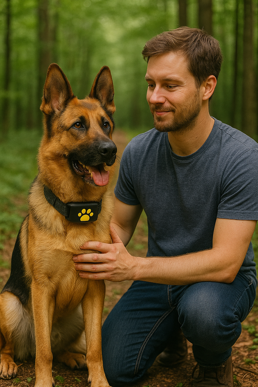 Male kneeling next to dog wearing GPS collar