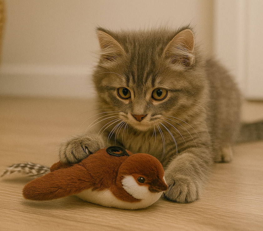 A playful kitten interacts with a plush brown sparrow cat toy that features exaggerated eyes, sound and motion effects, and colorful musical notes to indicate interactive play.
