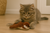 A playful kitten interacts with a plush brown sparrow cat toy that features exaggerated eyes, sound and motion effects, and colorful musical notes to indicate interactive play.