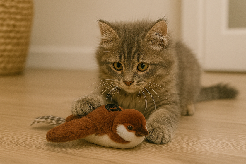 A playful kitten interacts with a plush brown sparrow cat toy that features exaggerated eyes, sound and motion effects, and colorful musical notes to indicate interactive play.