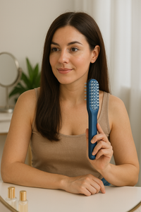 Lady holding a  hair growth brush/comb
