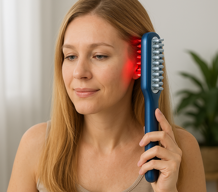 Lady holding a  hair growth brush/comb
