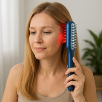 Lady holding a  hair growth brush/comb