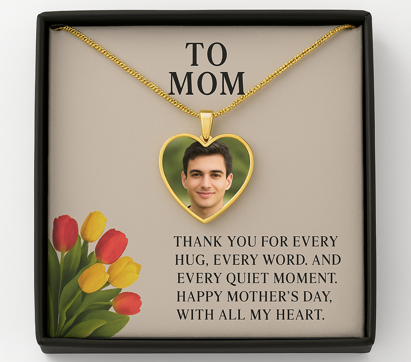 Custom Photo Necklace for Mom – Heart Pendant with Tulip Card that says "Thank you for every hug, every word, and every quiet moment.  Happy Mother's Day, With all my Heart"
