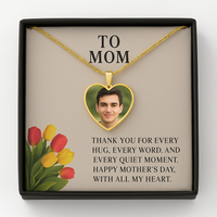 Custom Photo Necklace for Mom – Heart Pendant with Tulip Card that says "Thank you for every hug, every word, and every quiet moment.  Happy Mother's Day, With all my Heart"