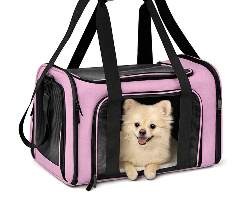 Pink pet carrier with a small dog peeking out on a white background