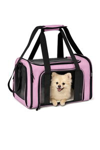 Pink pet carrier with a small dog peeking out on a white background