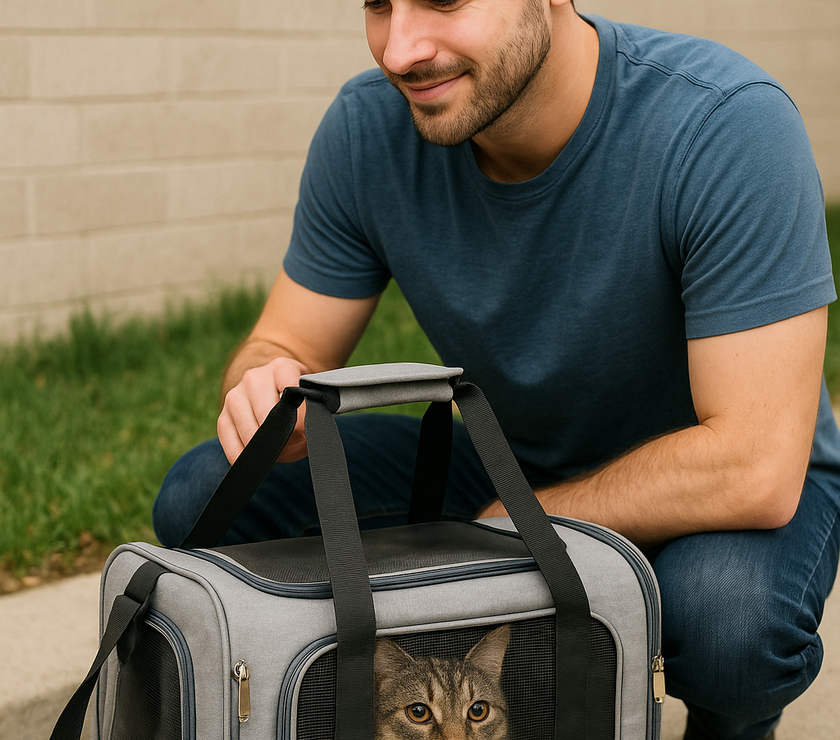 Man holding a gray pet carrier with a cat inside, sitting on a sidewalk.