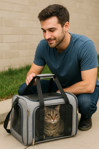 Man holding a gray pet carrier with a cat inside, sitting on a sidewalk.