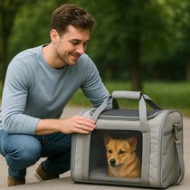 Man holding a gray pet carrier with a dog inside, outdoors.