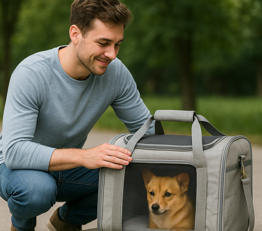 Man holding a gray pet carrier with a dog inside, outdoors.