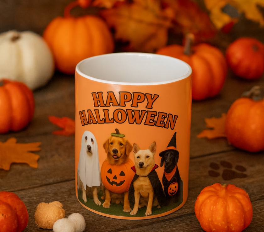 Orange mug with 'Happy Halloween' text and dog illustrations on a wooden surface with pumpkins and leaves.