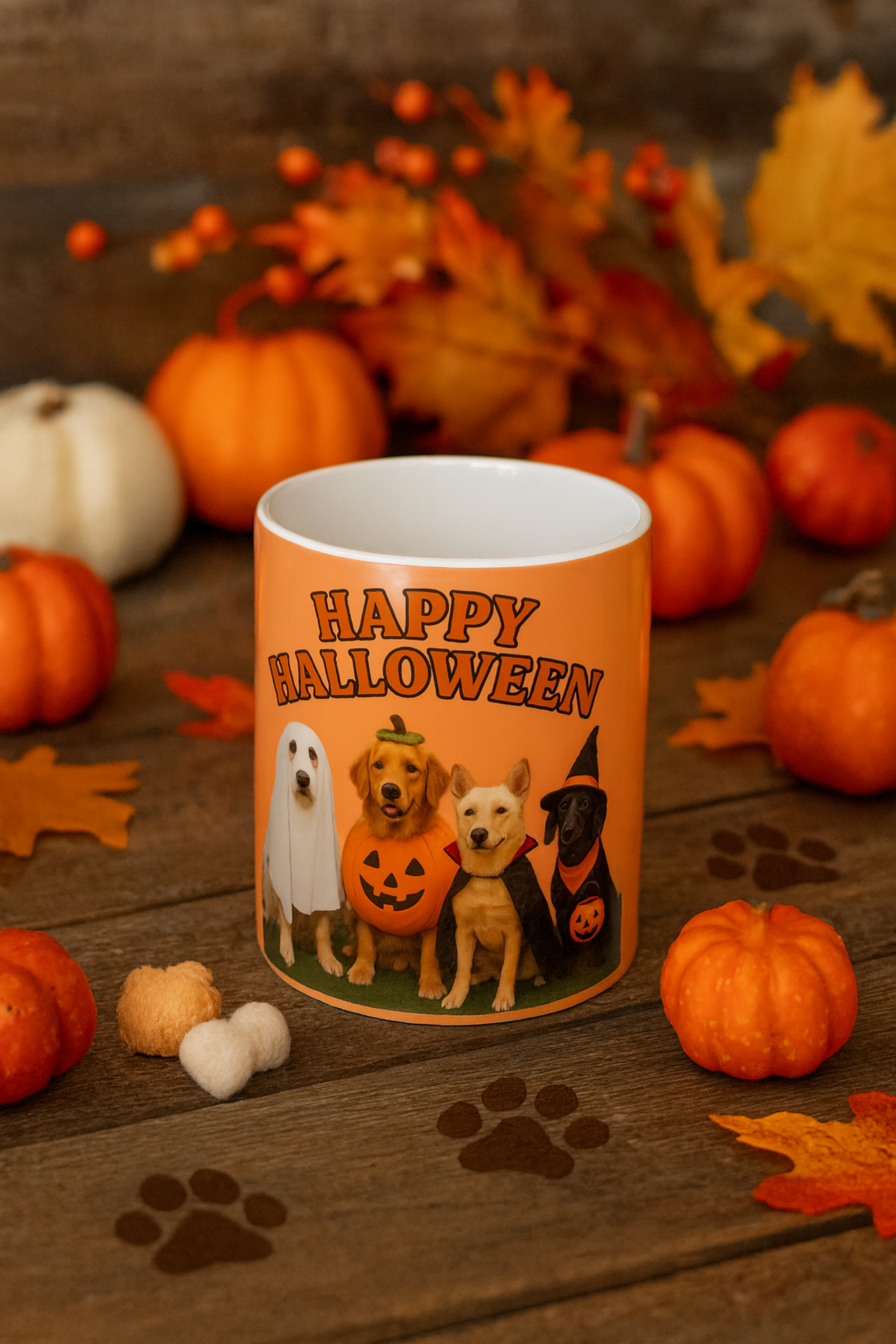 Orange mug with 'Happy Halloween' text and dog illustrations on a wooden surface with pumpkins and leaves.