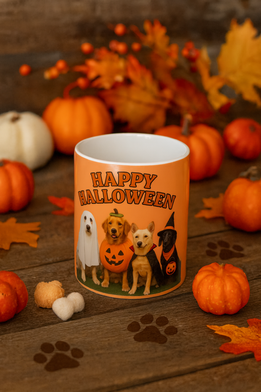 Orange mug with 'Happy Halloween' text and dog illustrations on a wooden surface with pumpkins and leaves.