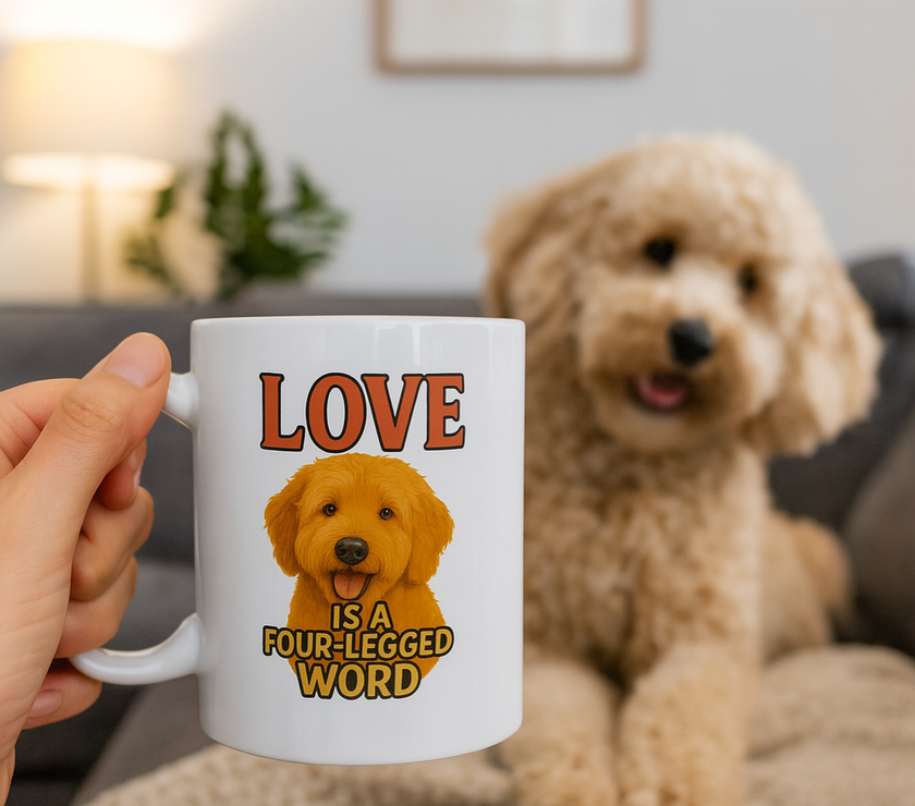 Person holding a mug with a dog illustration and text, sitting next to a fluffy dog indoors.
