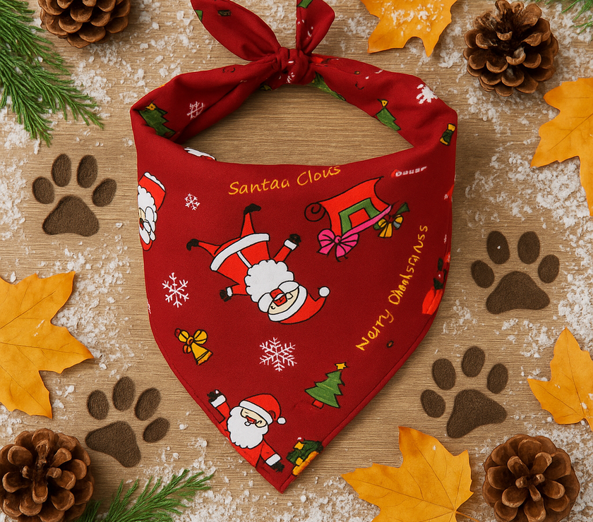 Red Christmas-themed dog bandana with Santa Claus design on a wooden surface with festive decorations.