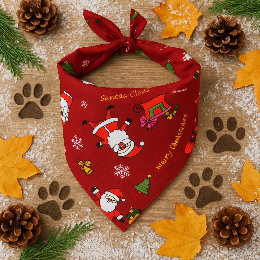 Red Christmas-themed dog bandana with Santa Claus design on a wooden surface with festive decorations.