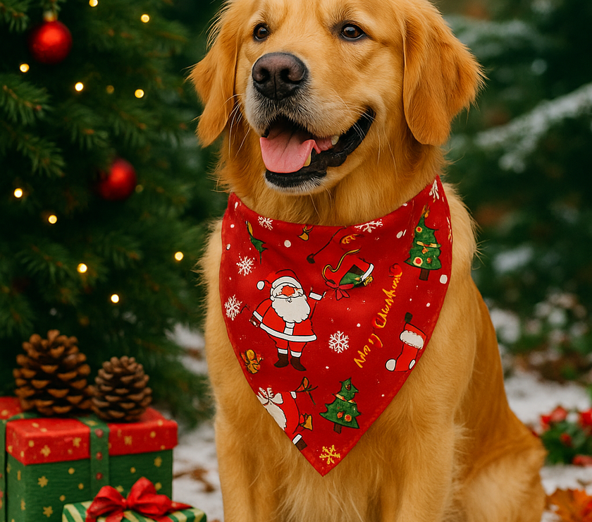 Dog wearing a re Christmas scarf with Santa and Christmas Tree design.