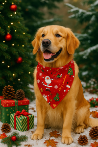 Dog wearing a re Christmas scarf with Santa and Christmas Tree design.