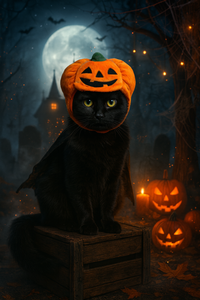 Black cat wearing a Halloween pumpkin hat with pumpkins and bats in the background