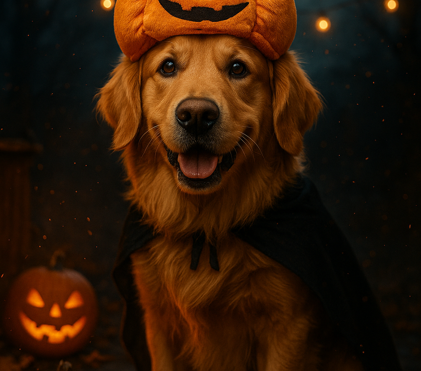 Dog wearing a pumpkin hat with jack-o'-lantern eyes and mouth, surrounded by pumpkins and bats against a dark background.