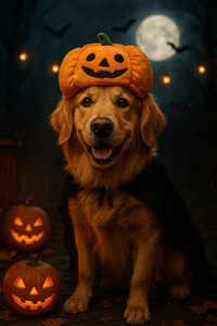 Dog wearing a pumpkin hat with jack-o'-lantern eyes and mouth, surrounded by pumpkins and bats against a dark background.
