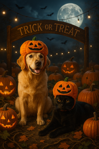 Dog and black cat wearing pumpkin hats with 'Trick or Treat' sign and pumpkins in background