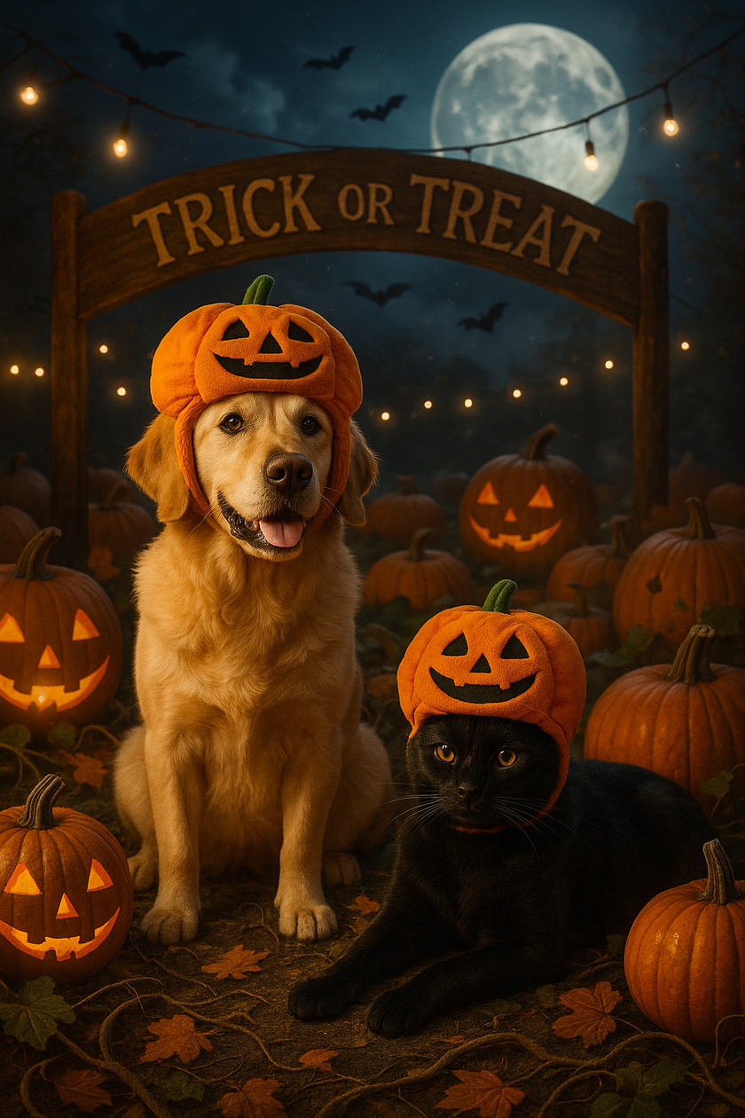 Dog and black cat wearing pumpkin hats with 'Trick or Treat' sign and pumpkins in background