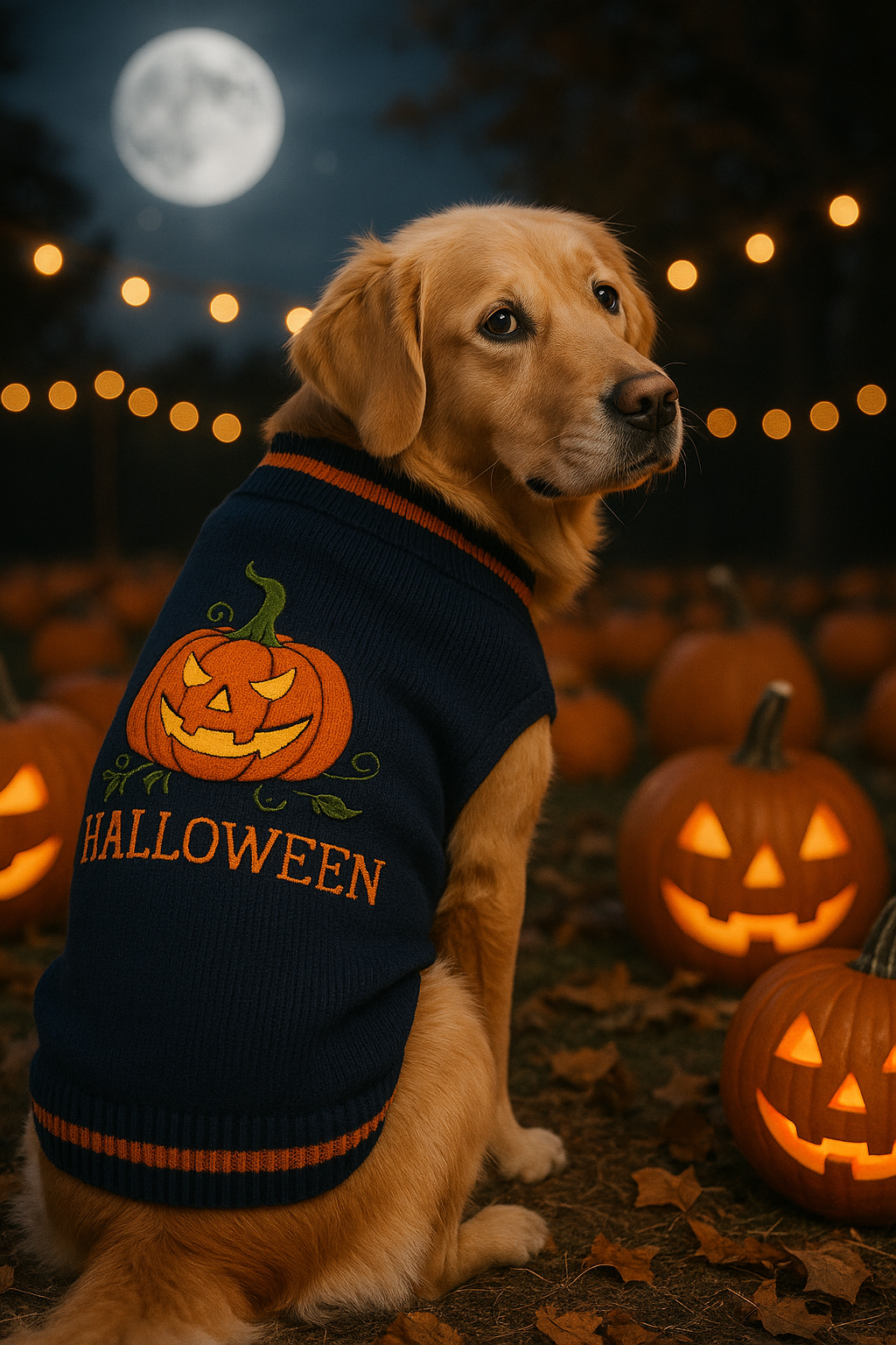 Dog wearing a Halloween-themed sweater with pumpkins in a nighttime setting with jack-o'-lanterns.