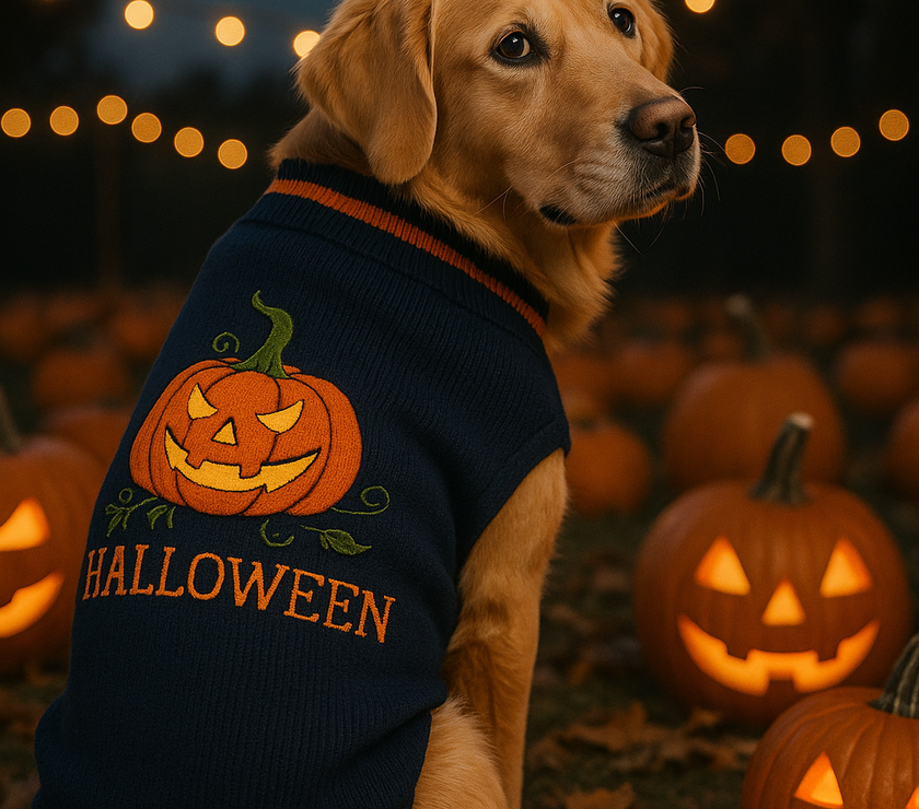 Dog wearing a Halloween-themed sweater with pumpkins in a nighttime setting with jack-o'-lanterns.