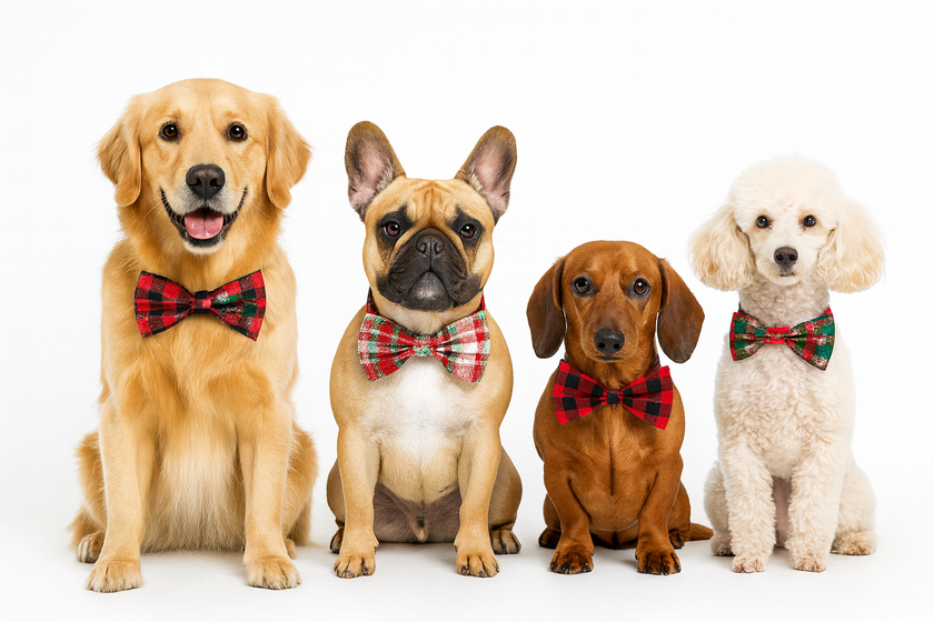 $ different breeds of dogs all wearing holiday bowtie collar
