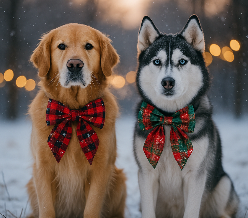 Two dogs, a Golden Retriever and a Husky, wearing festive plaid bows in a snowy setting with blurred lights in the background.