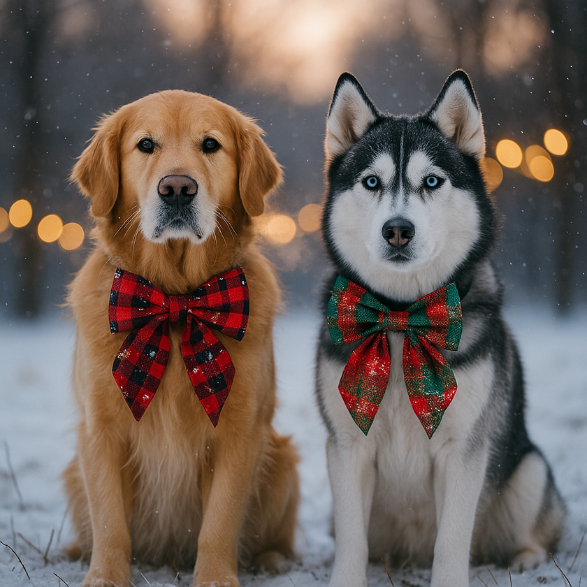 Two dogs, a Golden Retriever and a Husky, wearing festive plaid bows in a snowy setting with blurred lights in the background.